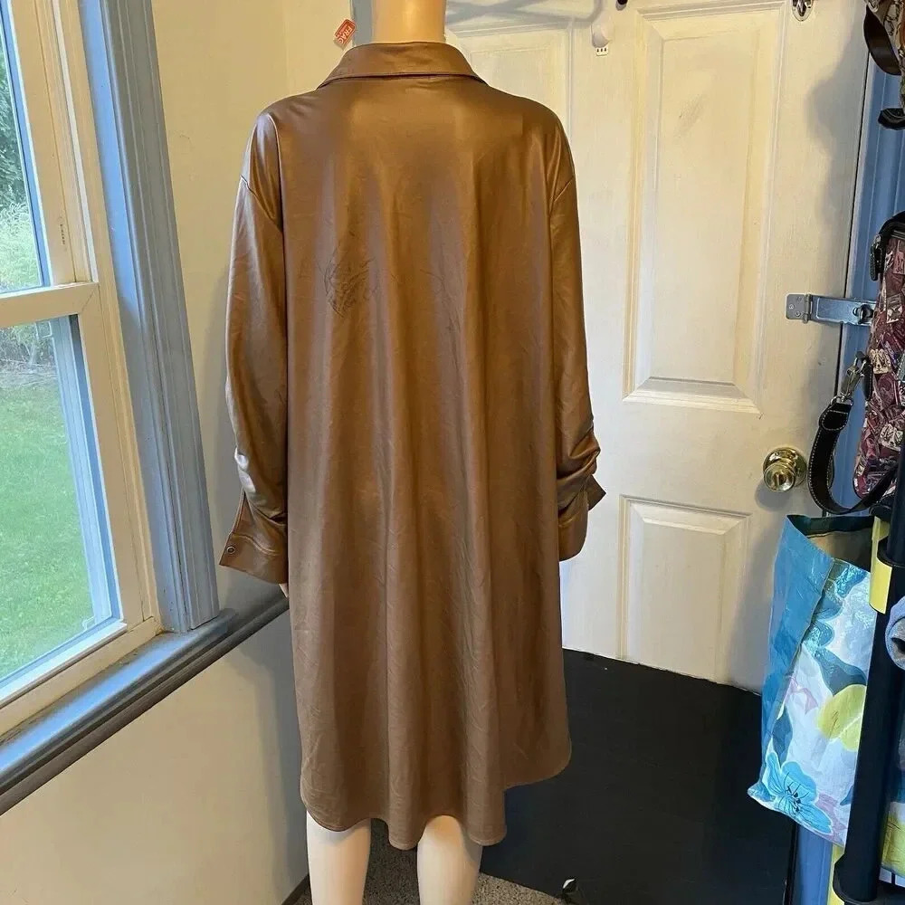 NewLook Womens 3X Midi Shirt Dress Button Up Side Split LookLike Suede Champagne - Picture 7 of 13